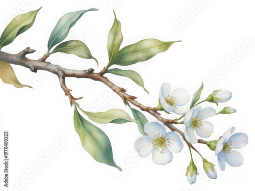Delicate branch adorned with green leaves and small white flowers blooming in nature