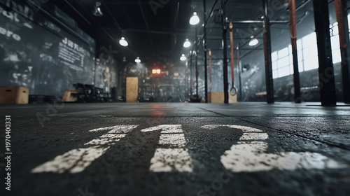 A gritty gym environment with chalk marks, worn equipment, and intense training atmosphere