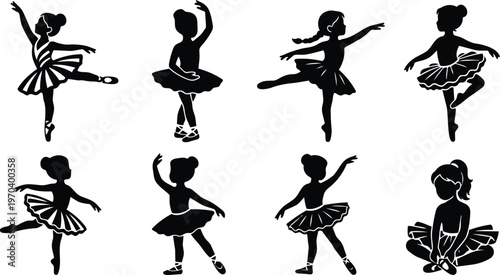 Black silhouettes of eight ballerinas in tutu performing varied ballet poses vector art