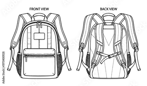 Basic backpack flat technical drawing template with front and back view vector isolated on white background