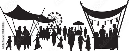 Indian Street Fair Night Market Crowd Silhouette