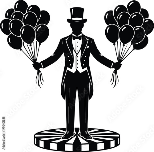 Silhouette ringmaster in top hat holding balloons on striped pedestal black and white vector art