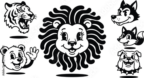 Smiling lion head with wavy mane and six companion cartoon animal heads black and white