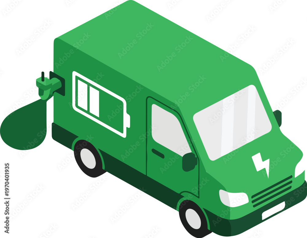 Obraz premium Isometric Green Electric Delivery Van with Charging Plug and Battery Indicator Vector