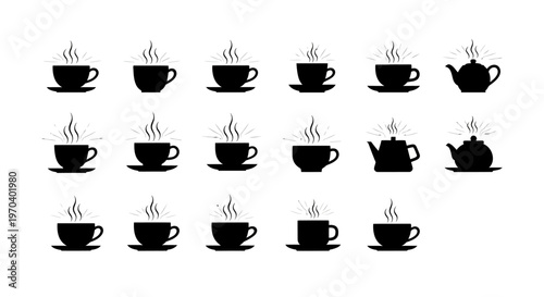 Set of minimalist black tea cup silhouettes with steam lines and saucers isolated on white background perfect for cafe menu designs or kitchen wall art projects