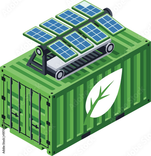 Isometric Green Eco-Friendly Shipping Container with Leaf Logo and Solar Tracker Vector