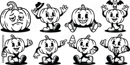 Vintage black and white pumpkin characters set with candy corn hat and bat for halloween