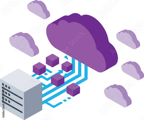  Isometric Purple Cloud Storage with Data Migrating from Local Server Vector