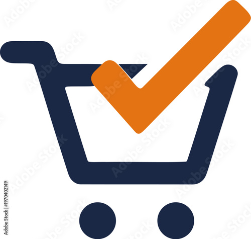 Shopping cart check mark approval purchase ecommerce online shopping icon symbol blue orange minimal flat design retail buy market basket commerce