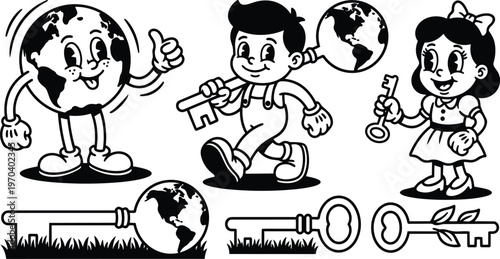 Retro cartoon earth character thumbs up with boy and girl holding oversized keys black and white