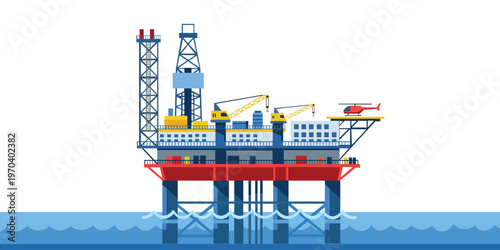 Offshore Oil Rig: A detailed illustration of an offshore oil rig platform situated on the water's surface, a symbol of resource extraction and industrial activity.