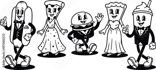Retro cartoon food mascots hotdog pizza burger pie and milkshake in tuxedos and gowns walking in black and white line art