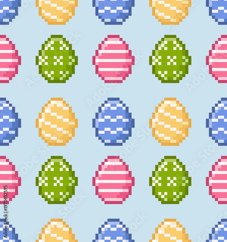 Easter egg seamless pattern. Pixel art. 8-bit painted colorful eggs in pastel hues on a soft blue background. Perfect for springtime celebrations and digital designs. Vector illustration.