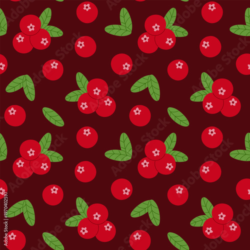 Cranberry seamless pattern. Red lingonberry or cowberry with green leaves on a rich burgundy background. Botanical print. Vector illustration.