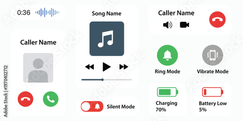 Digital Interface: An artistic rendering of a digital interface, illustrating key functionalities of a smartphone. The interface displays incoming call details, music player controls.