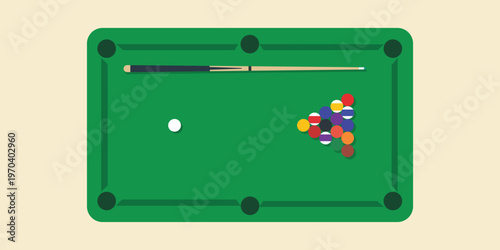 Pool Table Ready for Play: The classic setup of a pool table, with the cue stick laid out, inviting a game of strategy, skill, and friendly competition.