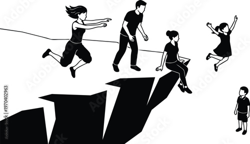 Black and white line art family leaping across cliff gap with child jumping and seated parent