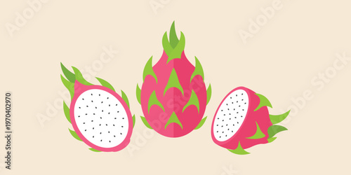Vibrant Dragon Fruit Trio: An artistic presentation of a trio of dragon fruits, with one whole, and two artfully sliced, revealing their white, seed-speckled flesh.