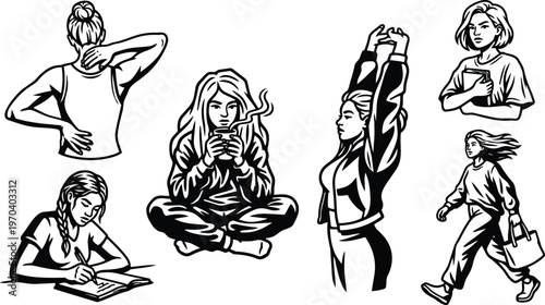 Black and white line art group of women in varied poses drinking coffee stretching walking writing