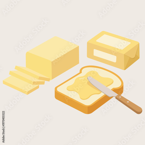 Buttery Breakfast: Slices of rich yellow butter are displayed alongside a block of butter and a knife-spreading butter on toast, creating a sense of simple pleasures.