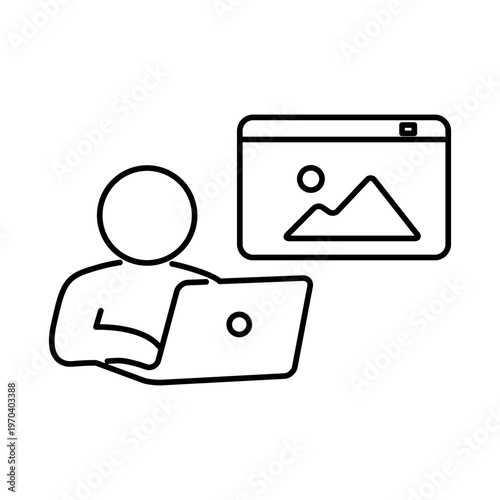 ノートパソコンでイラストを制作している人の線画アイコン