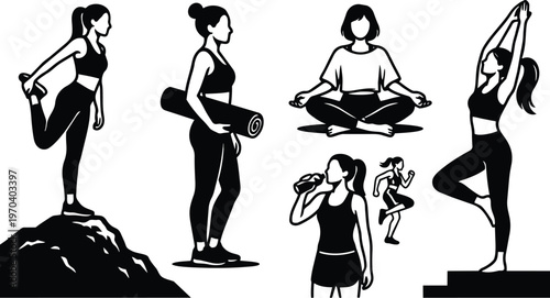 Black and white vector art women practicing yoga stretching meditation and running with mat
