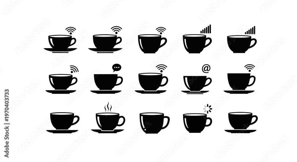 Fototapeta premium Coffee cups with wifi, hot steam, message, and signal icons, depicting connectivity and comfort in black and white vector