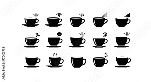 Coffee cups with wifi, hot steam, message, and signal icons, depicting connectivity and comfort in black and white vector