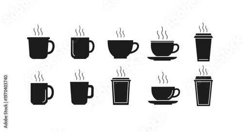 Steaming hot coffee cups and mugs vector icons collection simple black silhouettes for cafe menus and beverage related designs