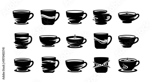 Coffee cups with abstract liquid motion, waves, and brush strokes, illustrating dynamic energy and artistic flair in vector art