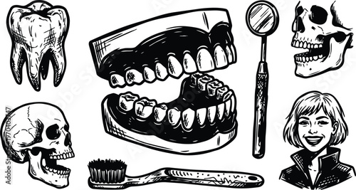 Black and white dental skull teeth dentures toothbrush dental mirror and smiling woman portrait