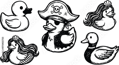 Pirate rubber duck with eyepatch and mermaid ducks in black and white line art