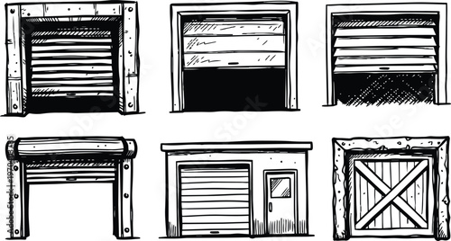 Black and white line art six garage and roll up doors with wooden barn door and service entry