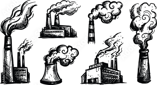 Hand drawn black and white smokestacks and factory chimneys emitting smoke vector art