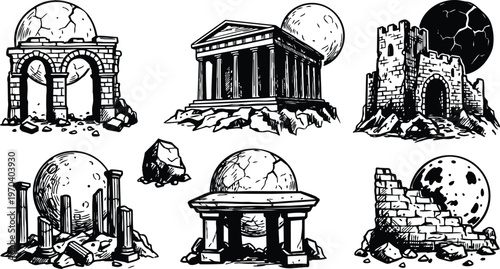 Black and white line art ancient temple moon and ruined castle icons set