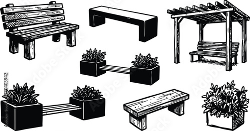 Hand drawn slatted wooden bench and planter box set with pergola and shrub line art