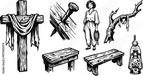 Black and white line art crucifix with draped cloth woman holding coiled rope and wooden benches