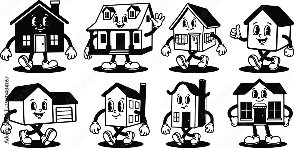 Naklejka premium Eight black and white walking house mascots with smiling faces and varied roofs