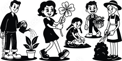 Black and white vector art children gardening scene with watering can basket and pruning shears