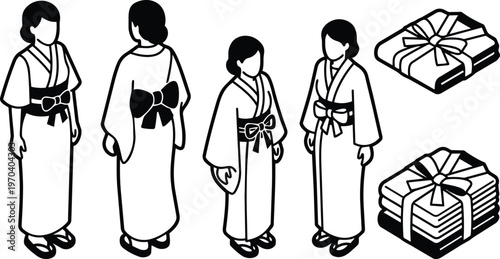 Black and white line art kimono women front and back views with wrapped bundles