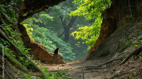 A small animal sits in a forest tunnel with green foliage and sunlight