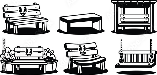 Smiling wooden bench and assorted bench and swing icons in black and white line art