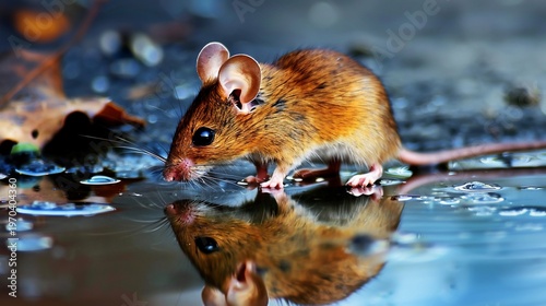 A small brown mouse looks down at its reflection in a puddle of water, outdoors