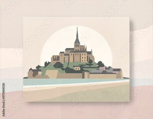 Minimalist illustration of Mont Saint-Michel at sunset by the sea  