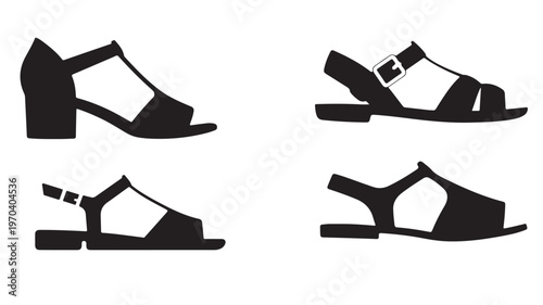 Heeled sandals collection, four black and white women's high heel shoe illustrations isolated vector set