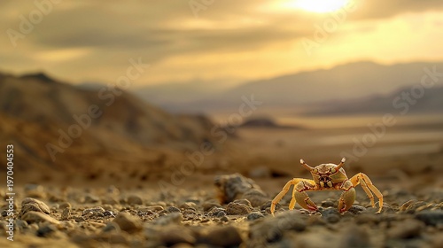 A small crab on arid terrain basks in the warm light of a distant sunset over hazy mountains