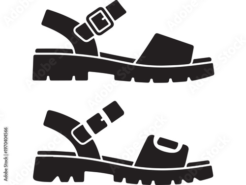 Platform sandals vector, chunky black buckle strap footwear illustration isolated on white