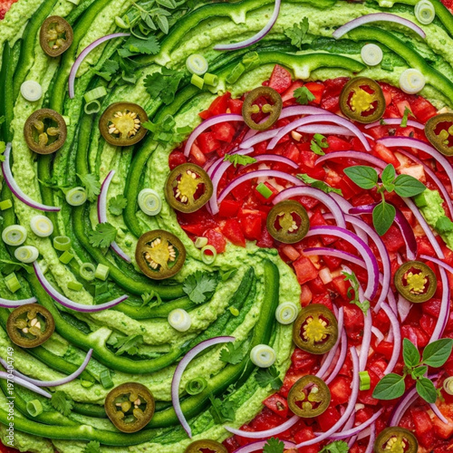 Vibrant guacamole, spiral design, jalapeno, tomato, onion, fresh dip, green and red ingredients, appetizer, snack, foodie