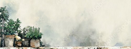Wide Shot Watercolor Paper Texture Rosemary Mint Pots Painting Negative