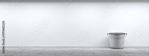 Empty White Wall Background Galvanized Metal Bucket Far Right